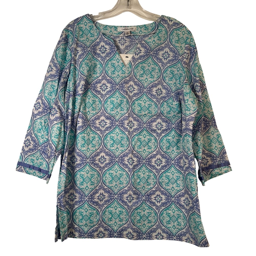 Croft & Barrow Nimes Blue Medallion 3/4 Sleeve Tunic Top XL NEW